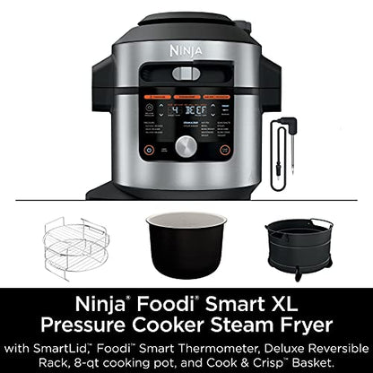 Ninja OL701 Foodi 14 in 1 SMART XL 8 Qt. Pressure Cooker Steam Fryer with SmartLid & Thermometer Auto Steam Release, that Air Fries, Proofs & More, 3 Layer Capacity, 5 Qt. Crisp Basket, Silver/Black