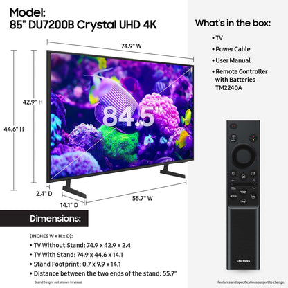 Samsung 85 DU7200B Crystal UHD 4K Smart TV with HDR, Motion Xcelerator, and Object Tracking Sound Lite
