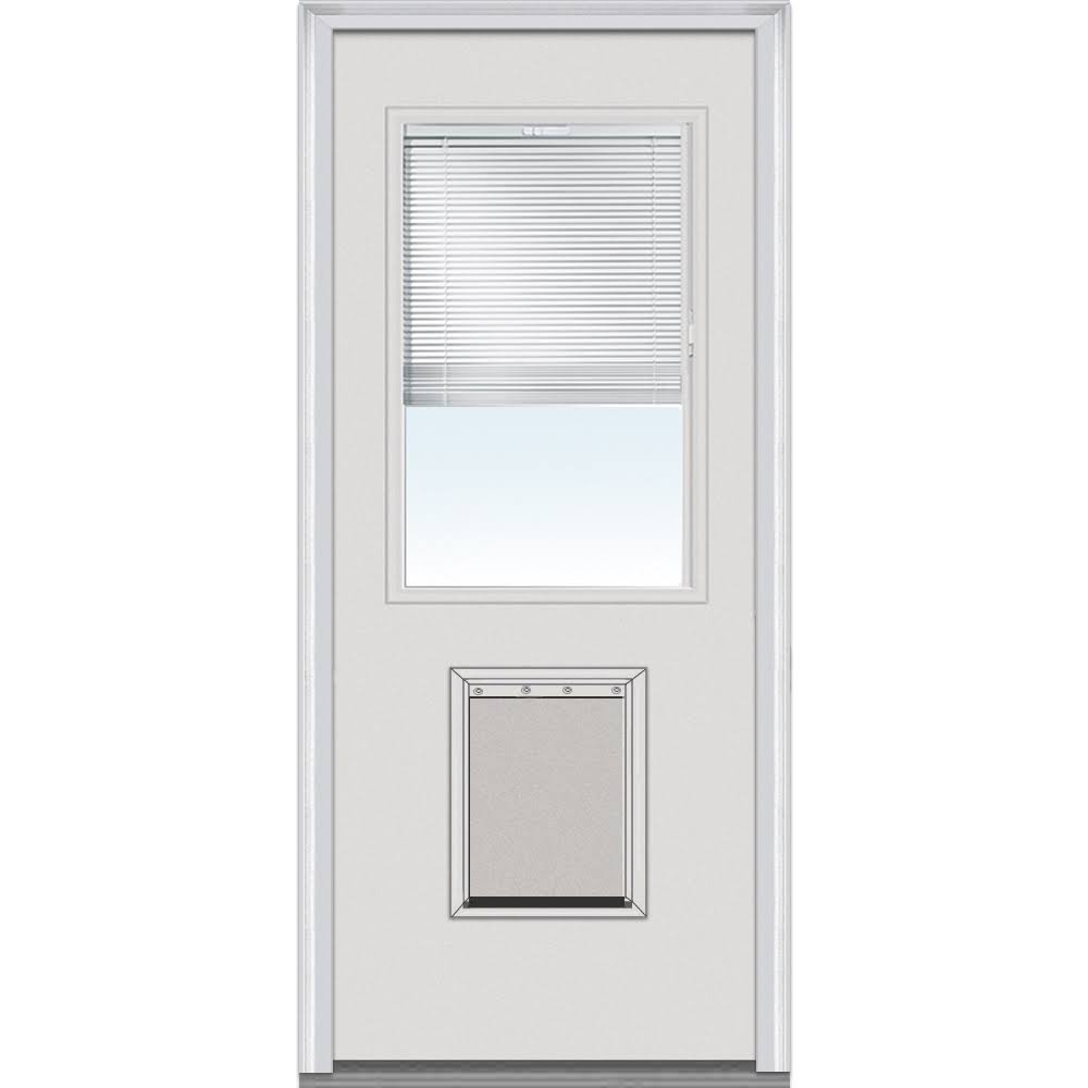 National Door Company Steel Exterior Door, Primed, 1/2 Lite with Clear Glass Internal Blinds & Pet Door, Right Hand Inswing, 32x80