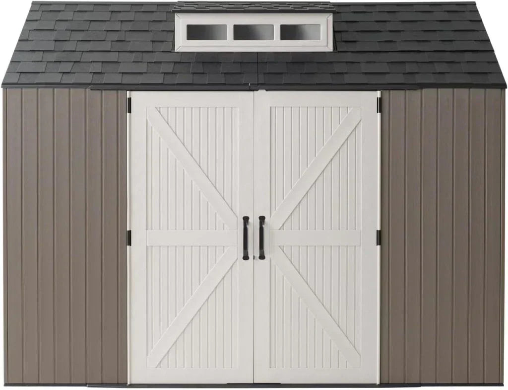 Rubbermaid Resin Outdoor Storage Shed With Floor (7 x 7 Ft) Weather Resistant Gray Organization for Home/Backyard/Garden Tools/Lawn Mower/Bike Storage/Pool Supplies