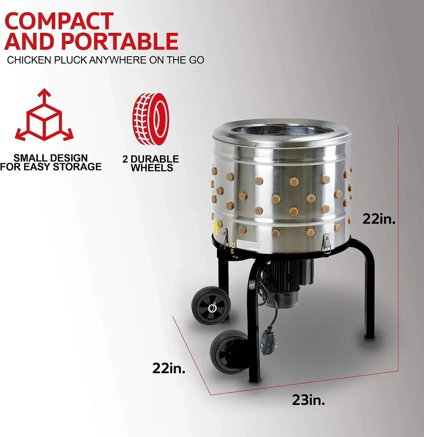 Kitchener Chicken Plucker De-Feather Remover Poultry and Fowl Food Processor Electric Stainless Steel Heavy Duty 1HP 120VAC 280RPM GFCI Connector 92 Soft Fingers 20" Drum Diameter