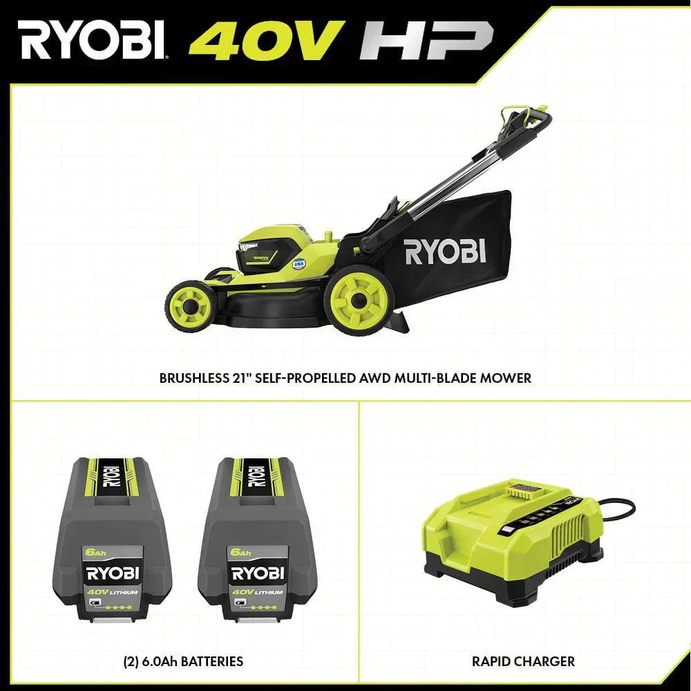 Ryobi 40V HP Brushless 21-in Self-Propelled AWD Lawn Mower Whisper Series ncludes (2) 6.0Ah Batteries and Charger